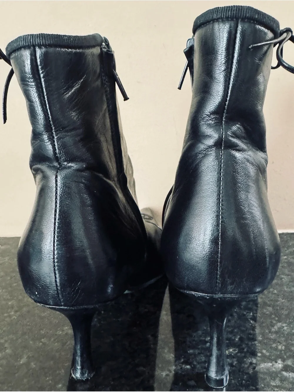 Size 8.5 CHANEL Women’s Black Leather Pointed-Toe Ankle Boots with Patent Cap